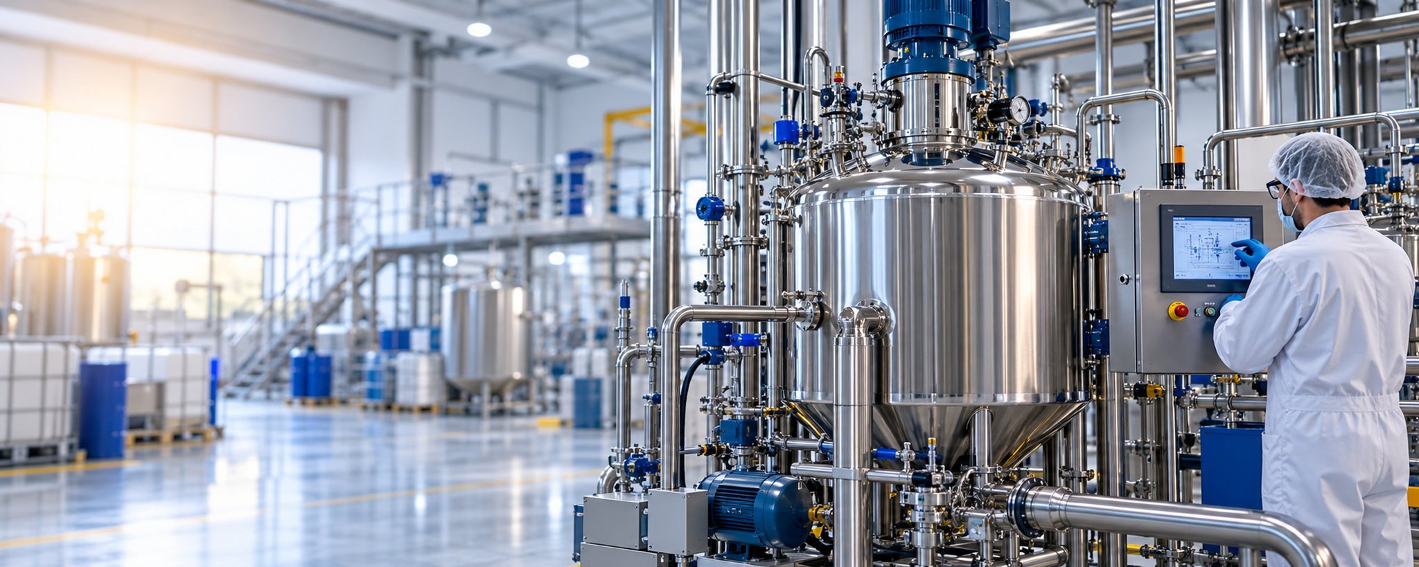 Modern chemical manufacturing plant with stainless steel reactors, piping and an operator at a control panel